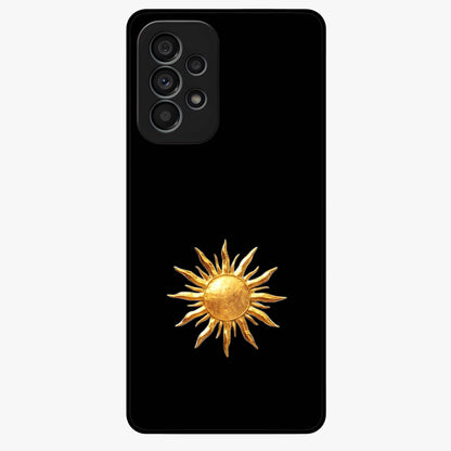 Golden Sun Minimalism Glass Case showing flat back view with minimal golden sun artwork and glossy glass finish.