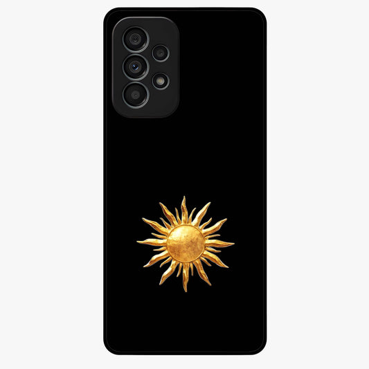 Golden Sun Minimalism Glass Case showing flat back view with minimal golden sun artwork and glossy glass finish.