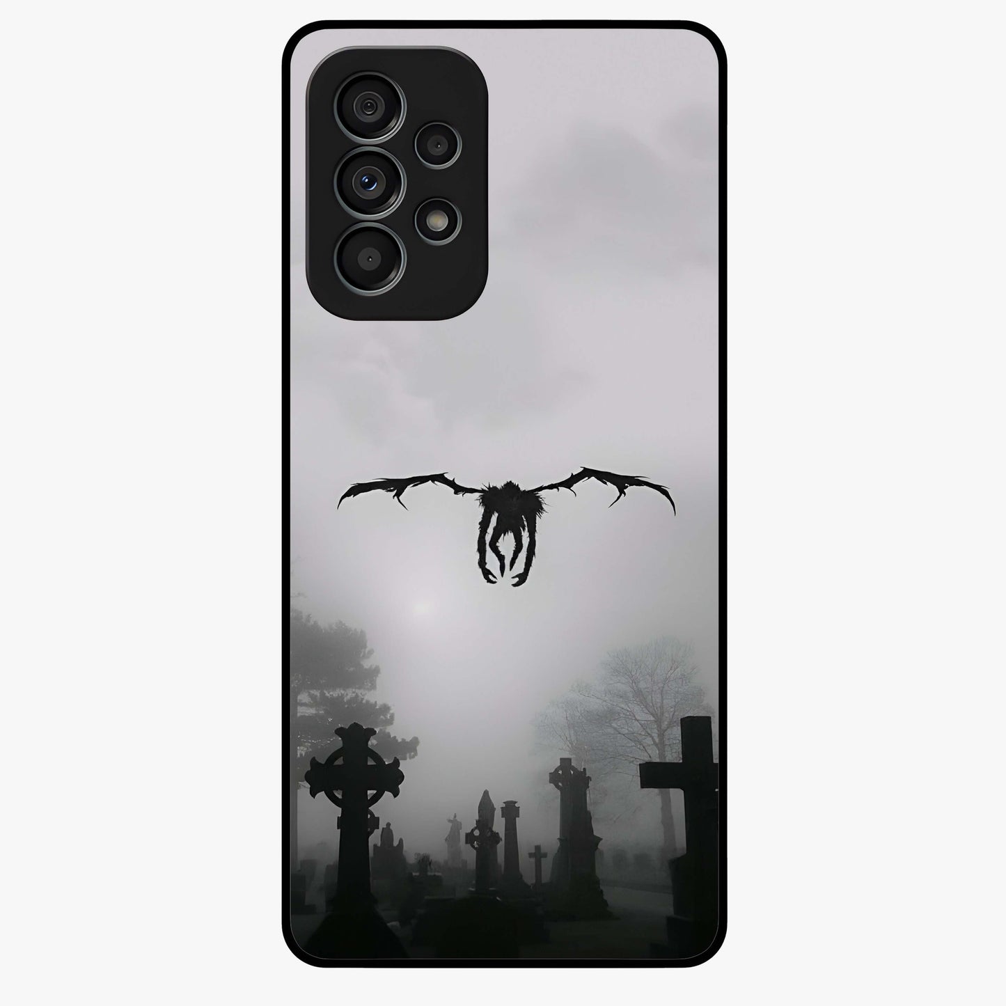 Graveyard Shadow Descent Glass Case showing flat back view with dark graveyard themed artwork and glossy glass finish.