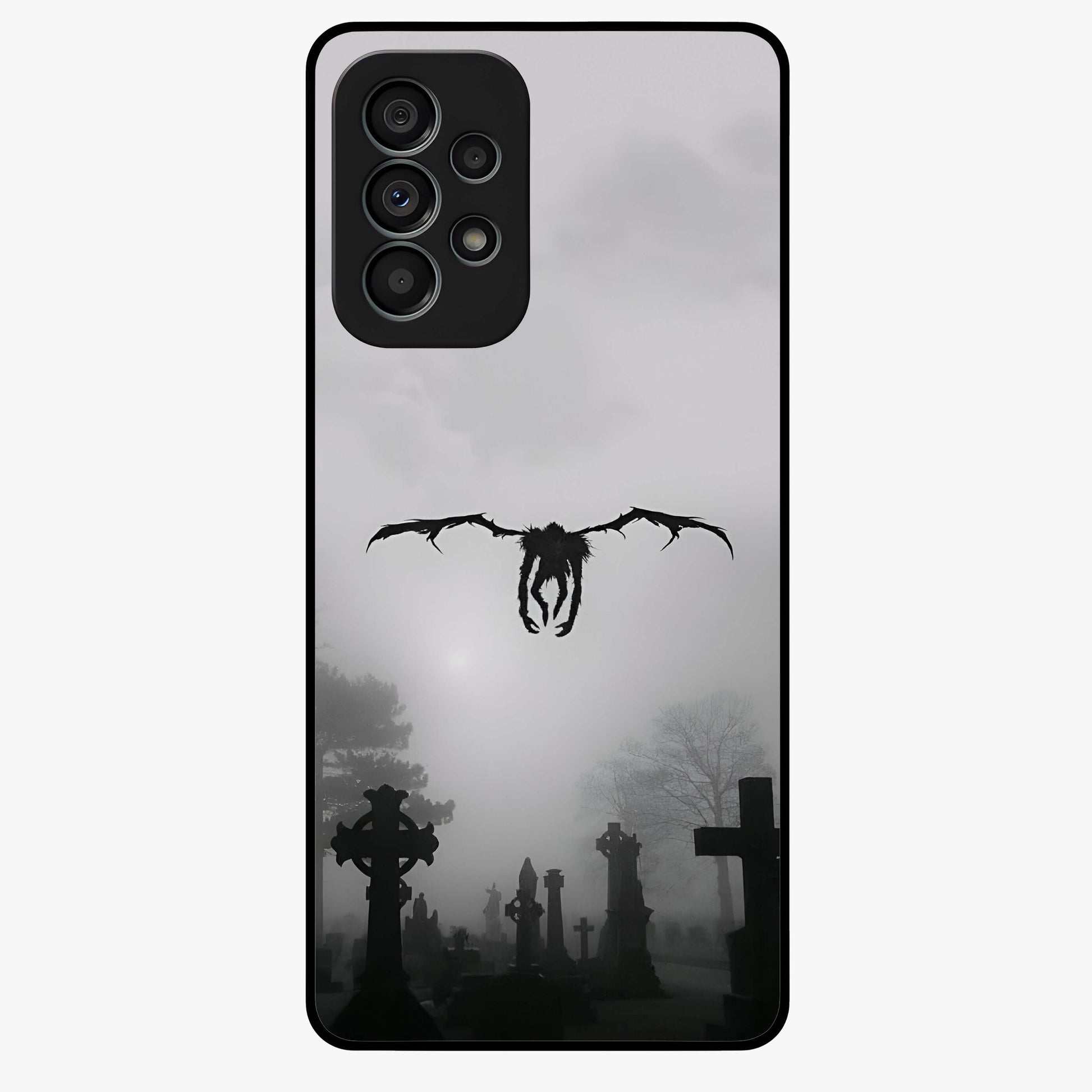 Graveyard Shadow Descent Glass Case showing flat back view with dark graveyard themed artwork and glossy glass finish.