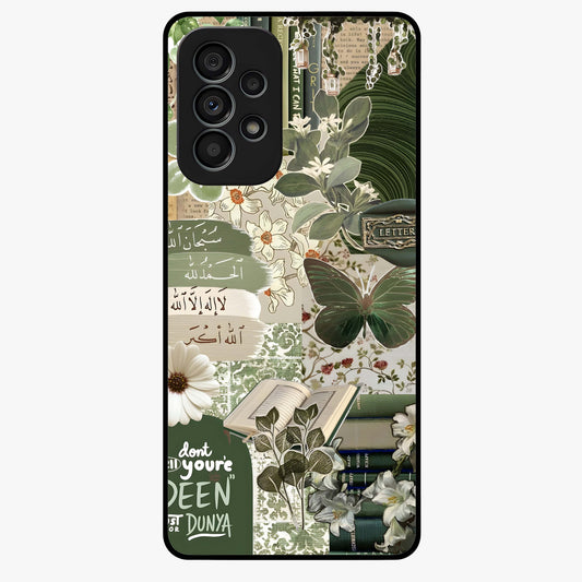Green Islamic Books Quotes Glass Case showing flat back view with Islamic quotes and book themed artwork and glossy glass finish.
