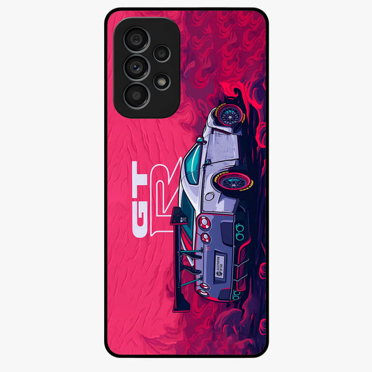 GT-R Car Pattern Glass Case showing flat back view with sporty car inspired pattern artwork and glossy glass finish.