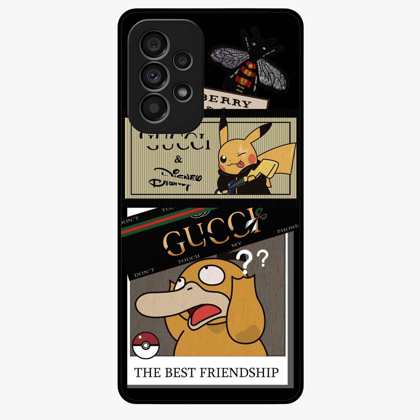 Gucci Play Mashup Glass Case showing flat back view with luxury inspired graphic artwork and glossy glass finish.