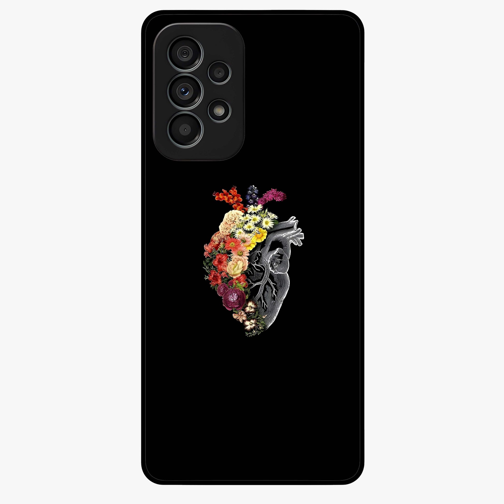 Heart With Flowers Glass Case showing flat back view with heart shaped floral artwork and glossy glass finish.