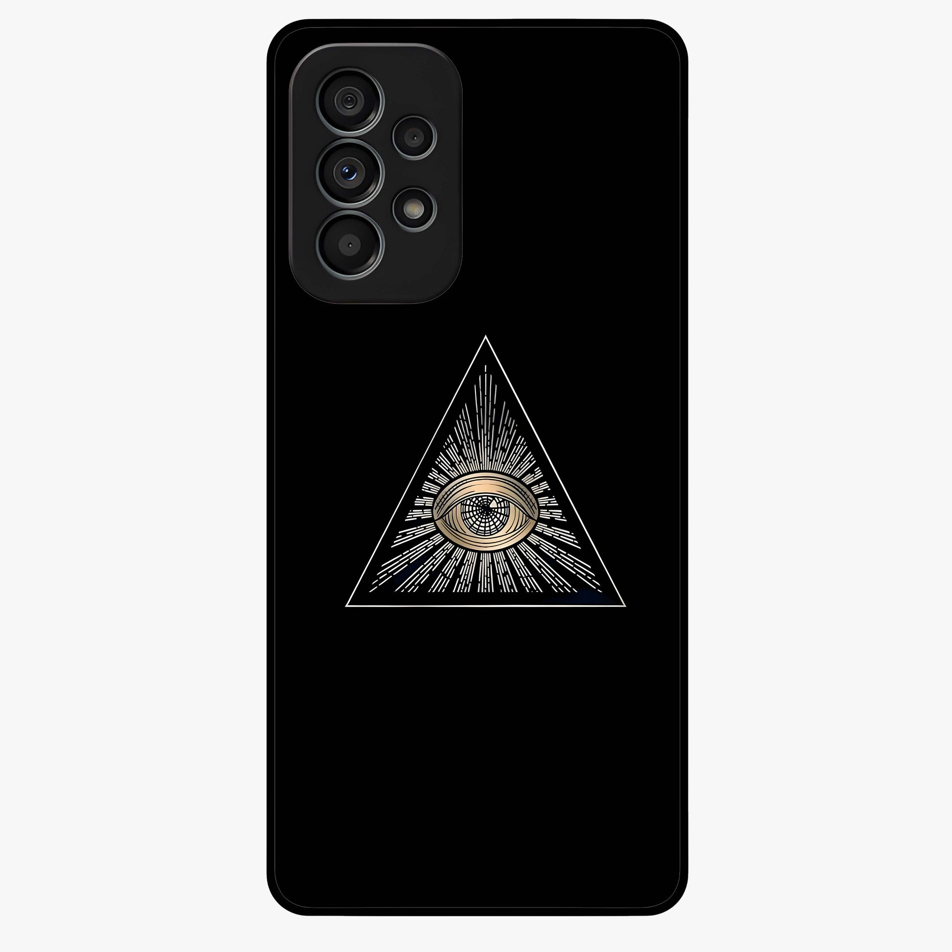 Illuminati Evil Glass Case showing flat back view with mysterious illuminati symbol artwork and glossy glass finish.