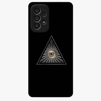 Illuminati Evil Glass Case showing flat back view with mysterious illuminati symbol artwork and glossy glass finish.