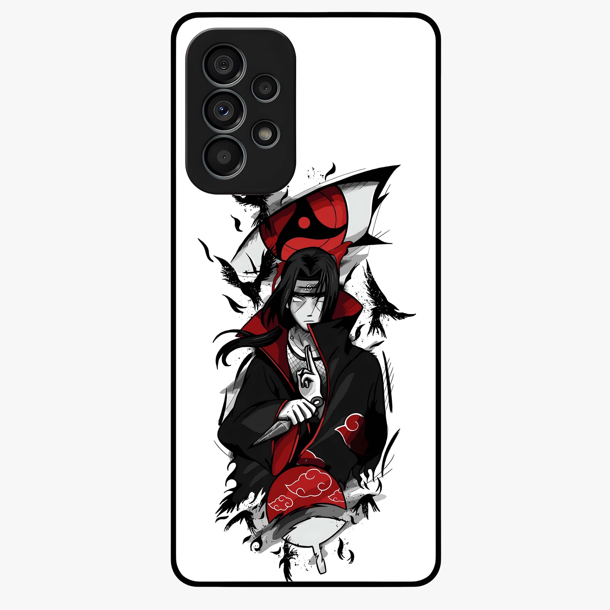Itachi Sharingan Glass Case showing flat back view with powerful anime eye artwork and glossy glass finish.
