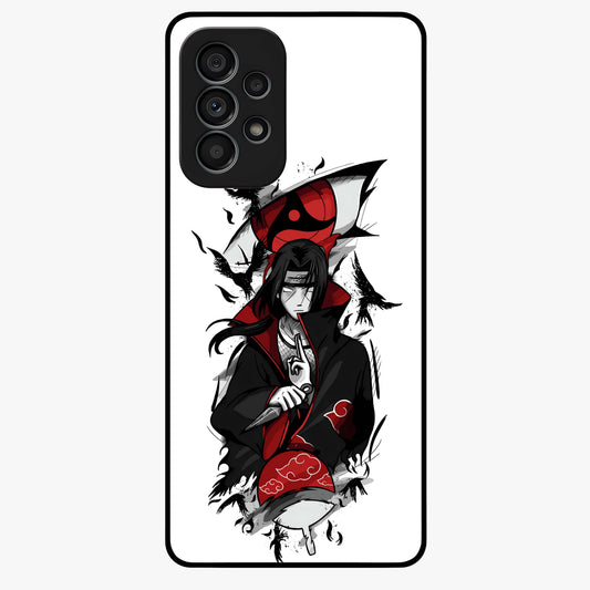 Itachi Sharingan Glass Case showing flat back view with powerful anime eye artwork and glossy glass finish.