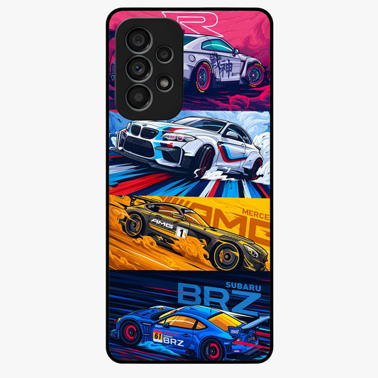 JDM Sports Car Glass Case showing flat back view with high performance sports car artwork and glossy glass finish.