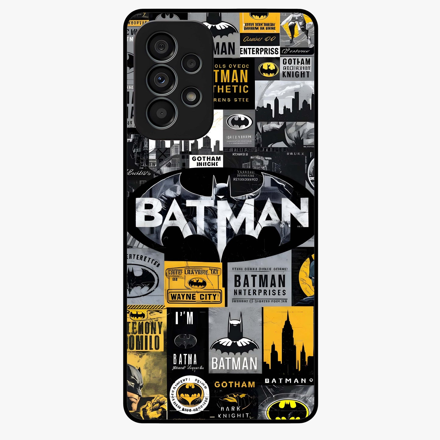 Knight Gotham Rise Glass Case showing flat back view with dark hero inspired artwork and glossy glass finish.