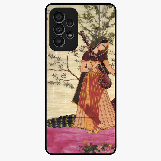 Lady With Veena Art Glass Case showing flat back view with elegant woman playing veena artwork and glossy glass finish.