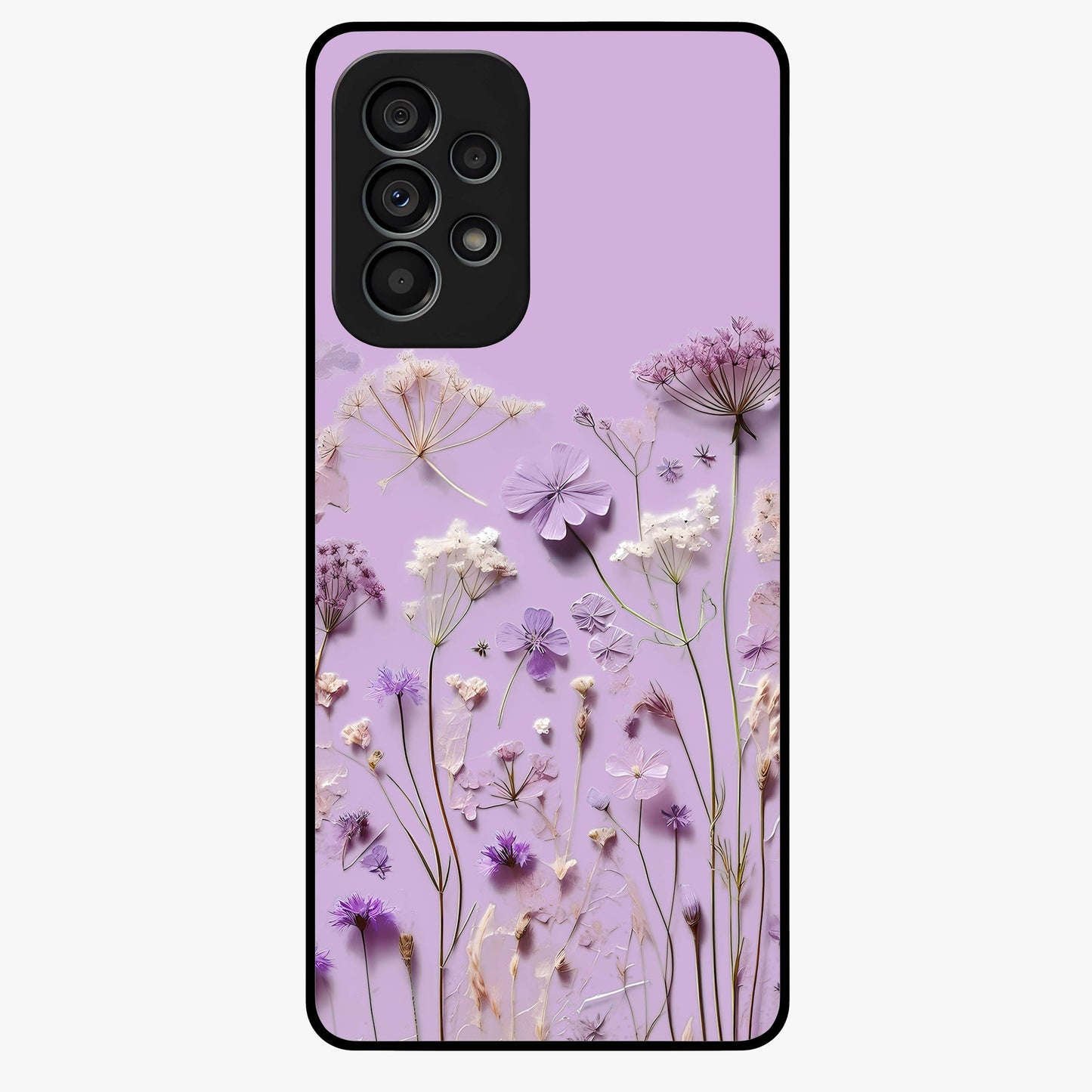 Lavender Blossom Dream Glass Case showing flat back view with soft lavender floral artwork and glossy glass finish.