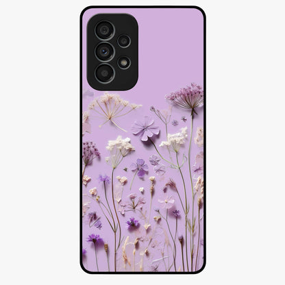 Lavender Blossom Dream Glass Case showing flat back view with soft lavender floral artwork and glossy glass finish.