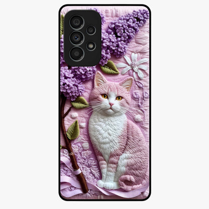 Lavender Cat Whimsy Glass Case showing flat back view with cute lavender cat artwork and glossy glass finish.