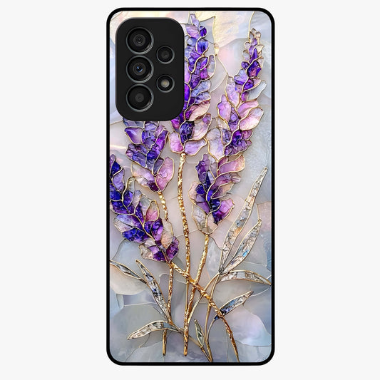 Lavender Dream Glow Glass Case showing flat back view with glowing lavender aesthetic artwork and glossy glass finish.
