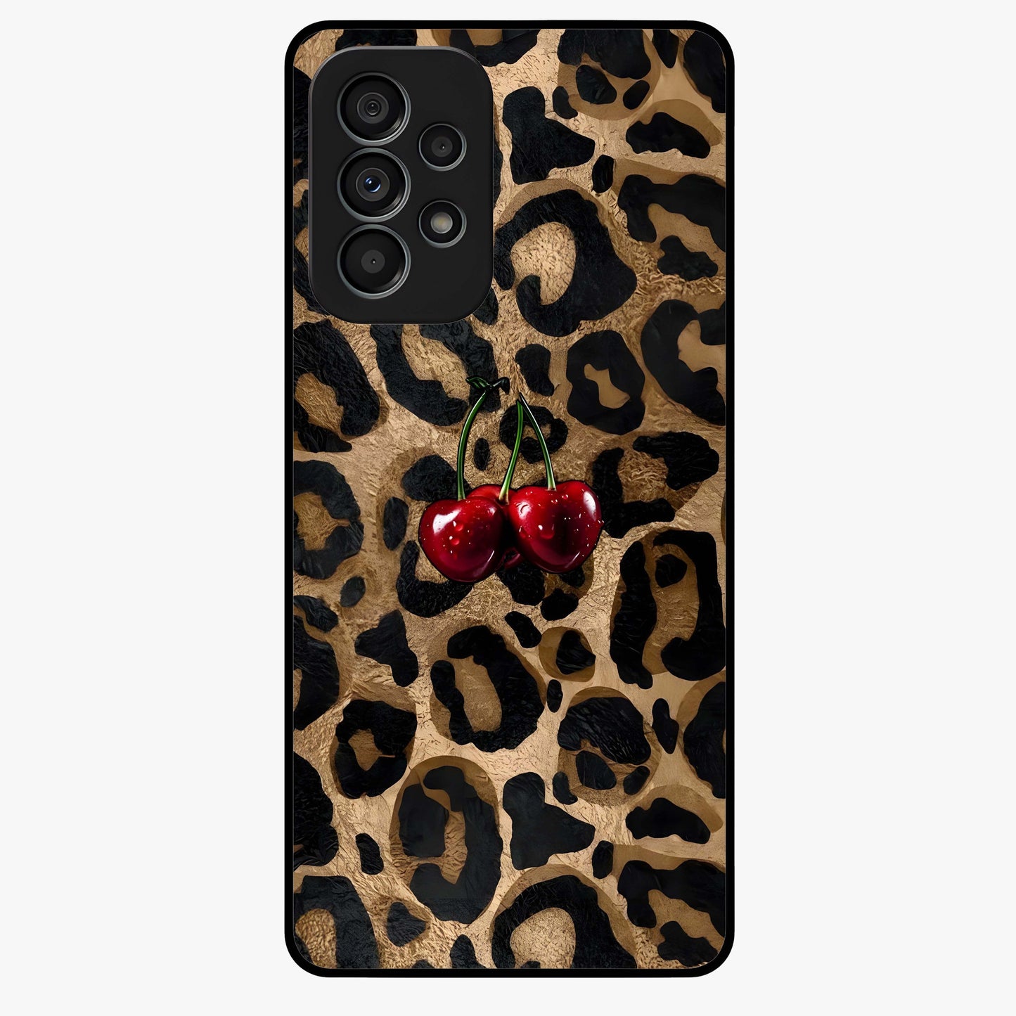 Leopard Wild Cherry Glass Case showing flat back view with leopard pattern and cherry artwork and glossy glass finish.
