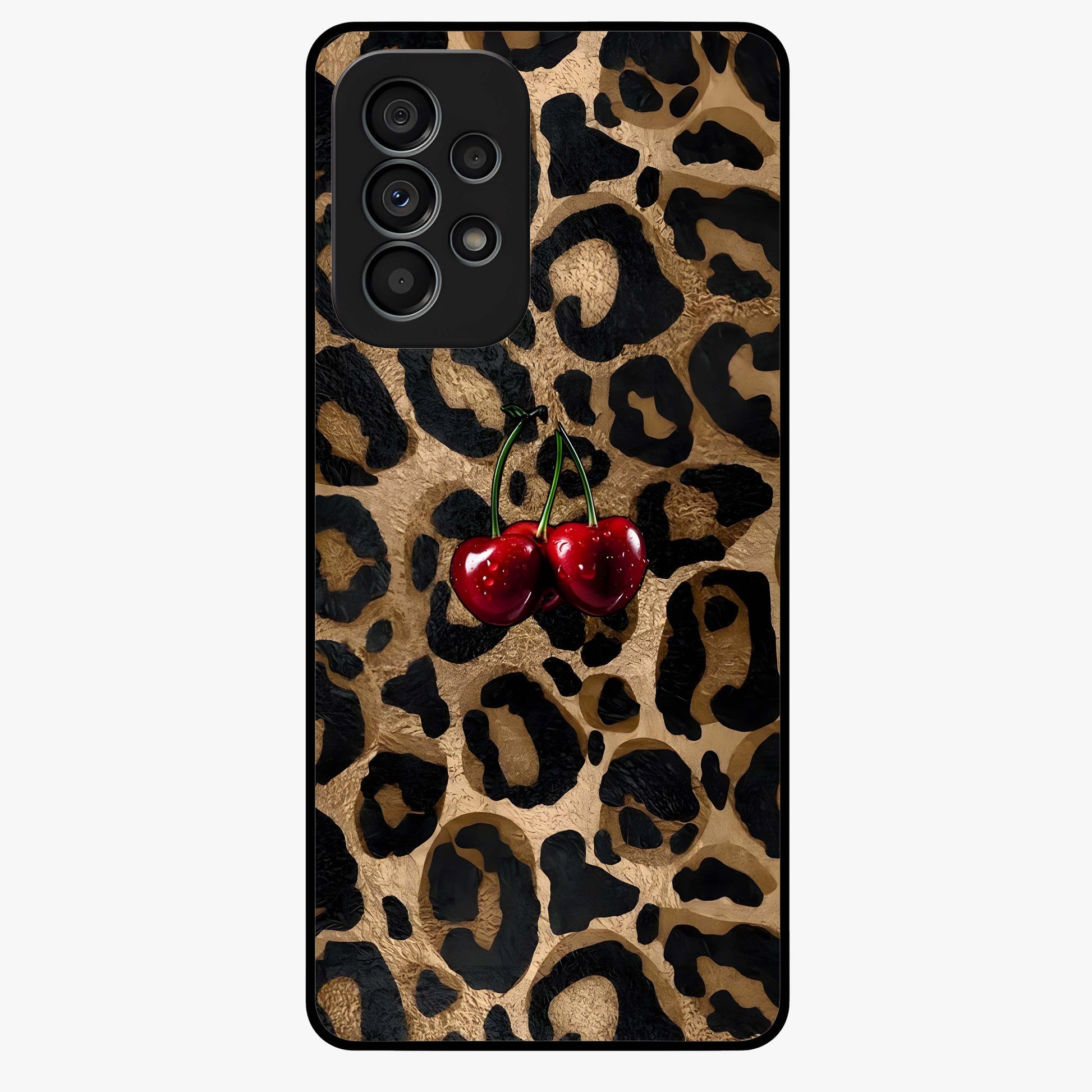 Leopard Wild Cherry Glass Case showing flat back view with leopard pattern and cherry artwork and glossy glass finish.