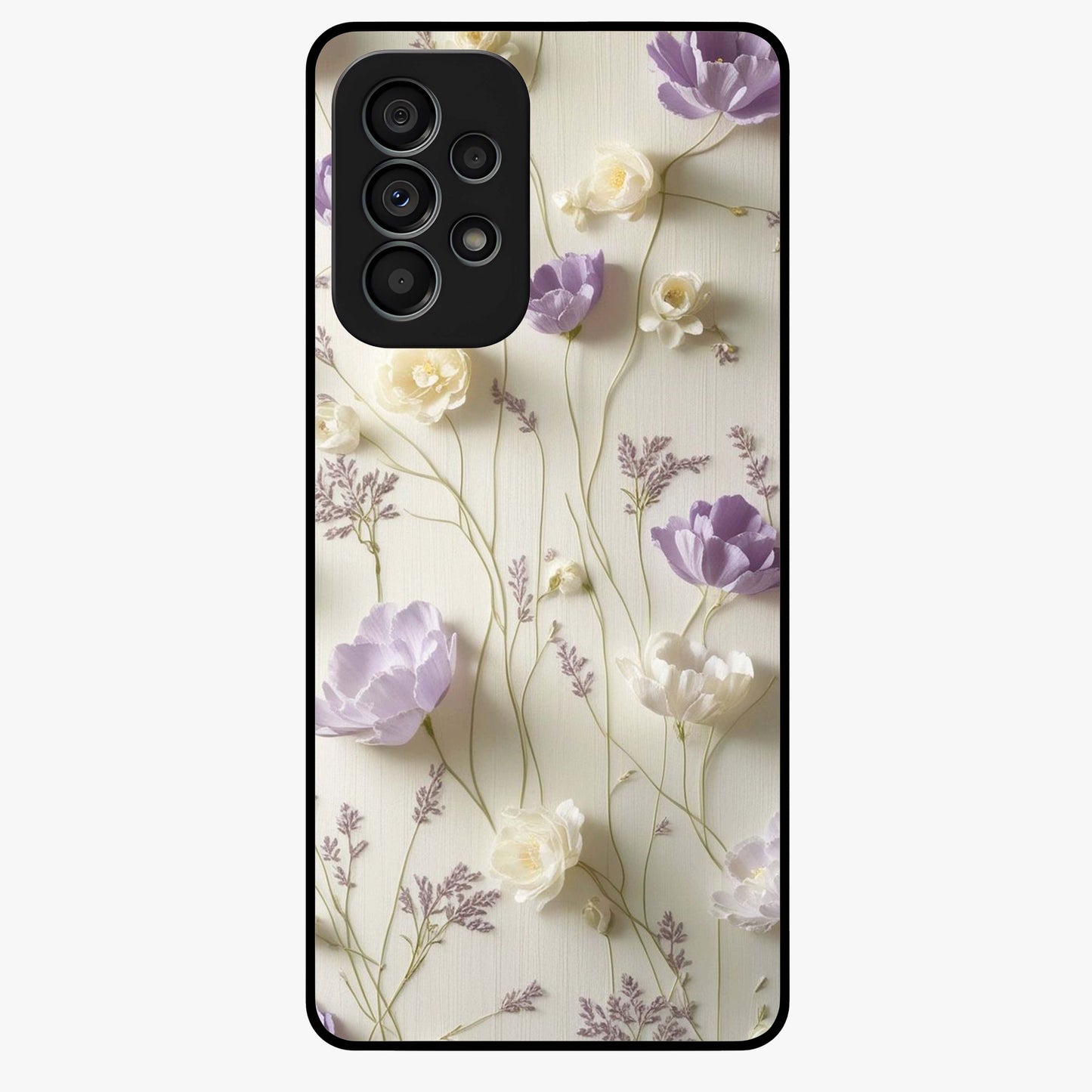 Lilac Breeze Harmony Glass Case showing flat back view with soft lilac themed artwork and glossy glass finish.