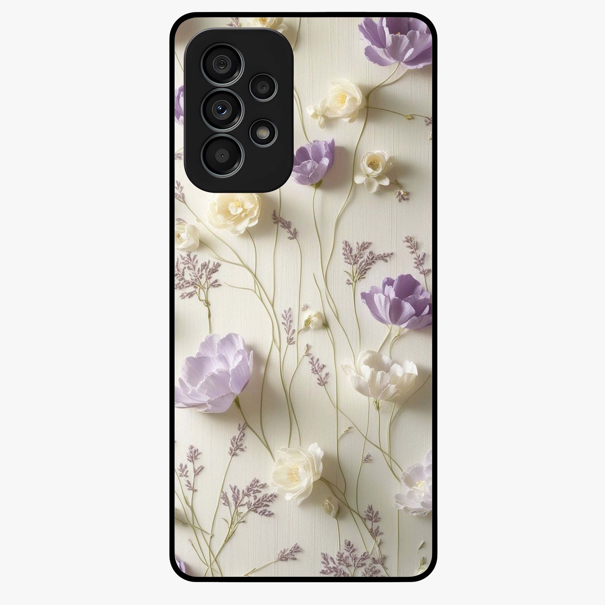 Lilac Breeze Harmony Glass Case showing flat back view with soft lilac themed artwork and glossy glass finish.