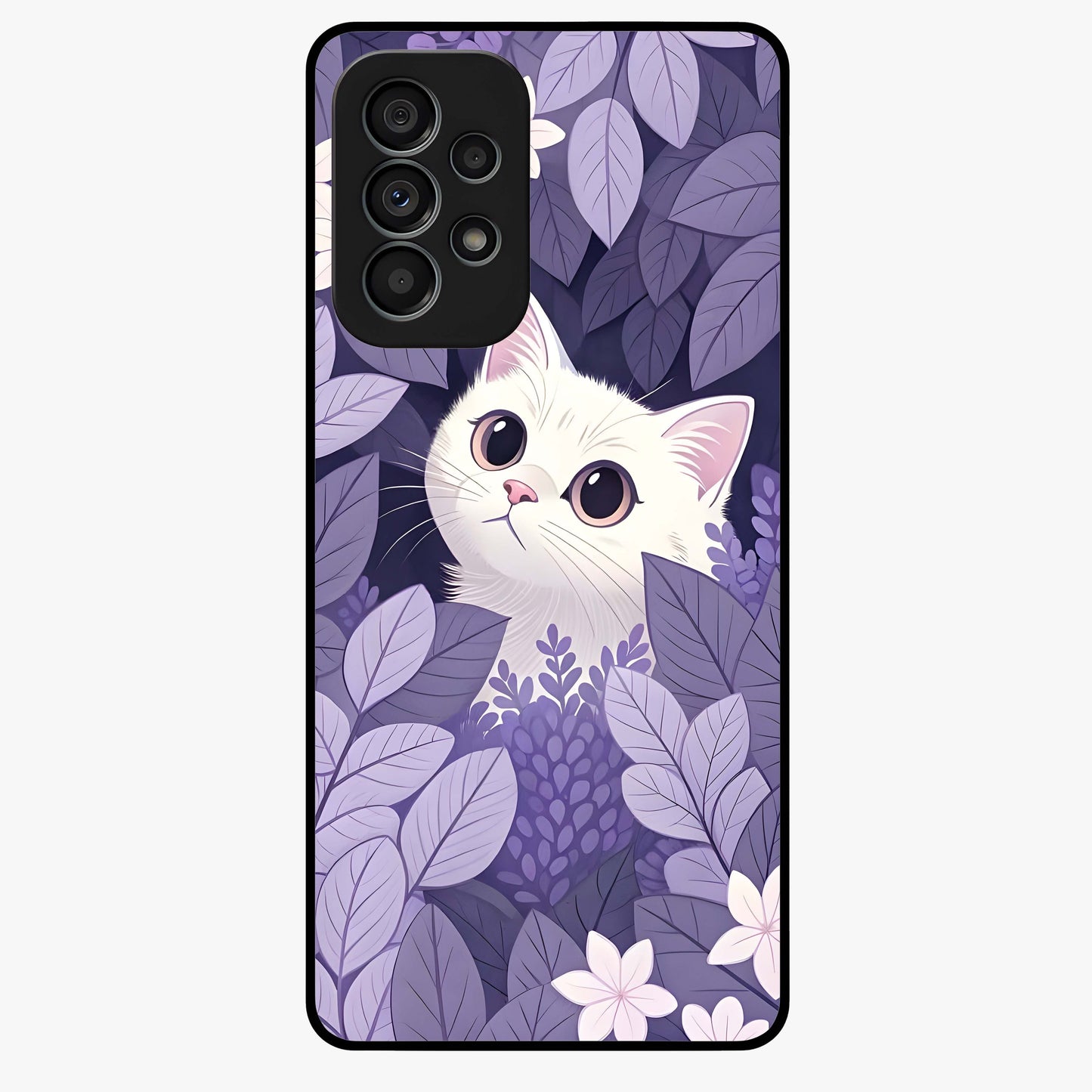 Lilac Hide Peek Cat Glass Case showing flat back view with cute peeking cat artwork and glossy glass finish.
