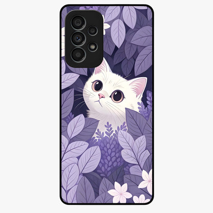 Lilac Hide Peek Cat Glass Case showing flat back view with cute peeking cat artwork and glossy glass finish.