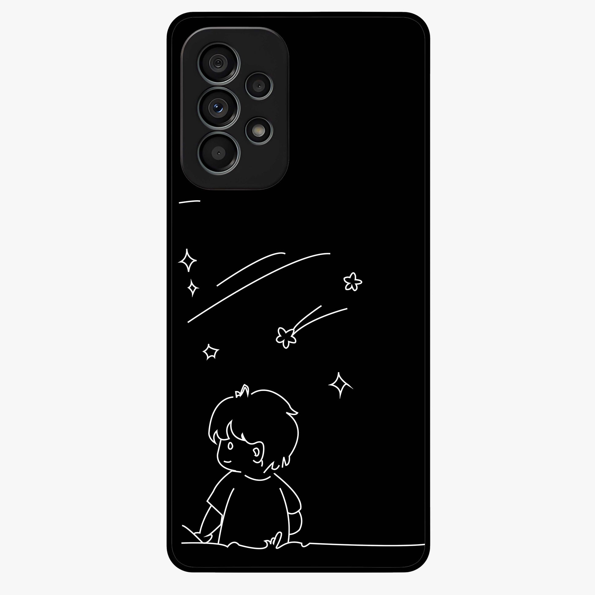 Line Art Boy With Shooting Stars Glass Case showing flat back view with minimal line art boy and shooting stars illustration and glossy glass finish.