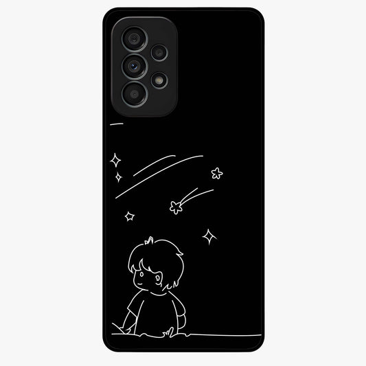 Line Art Boy With Shooting Stars Glass Case showing flat back view with minimal line art boy and shooting stars illustration and glossy glass finish.