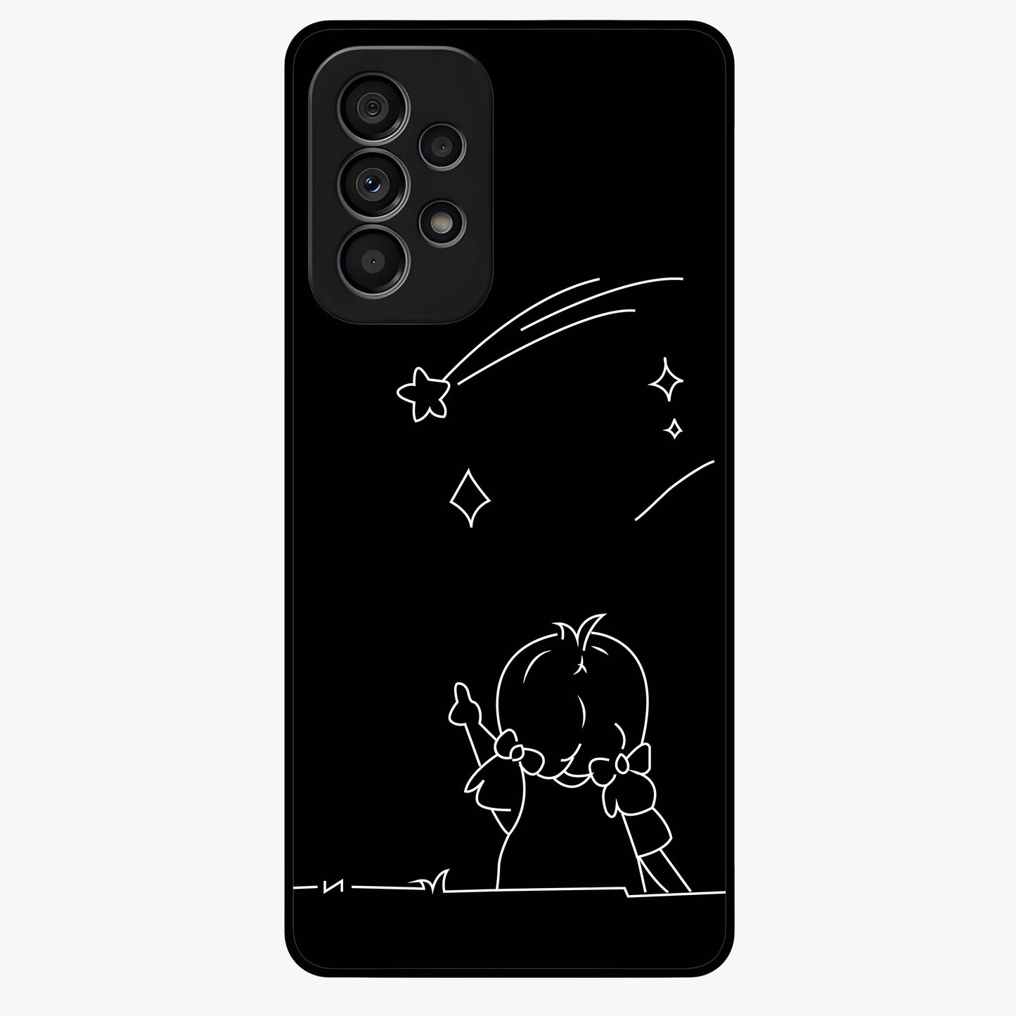 Line Art Girl With Shooting Stars Glass Case showing flat back view with minimal line art girl and shooting stars illustration and glossy glass finish.