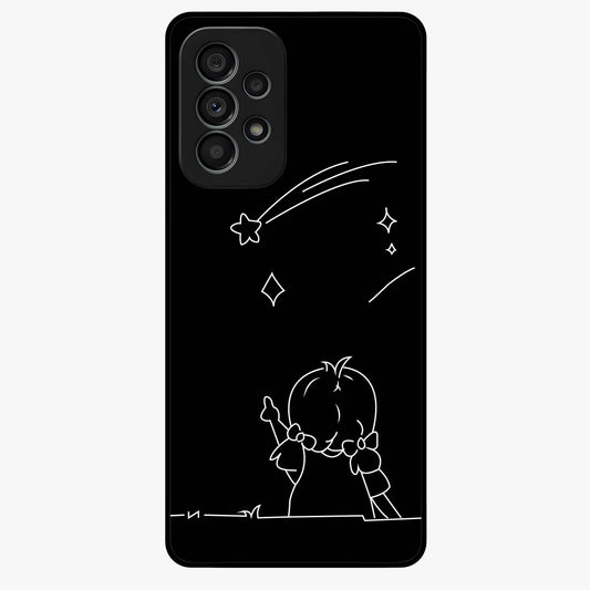 Line Art Girl With Shooting Stars Glass Case showing flat back view with minimal line art girl and shooting stars illustration and glossy glass finish.