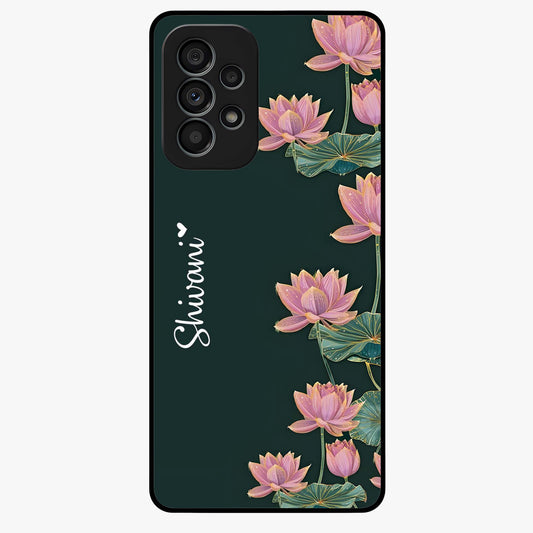 Lotus Bloom Serenity Custom Name Glass Case showing flat back view with elegant lotus flower artwork and personalized name design.
