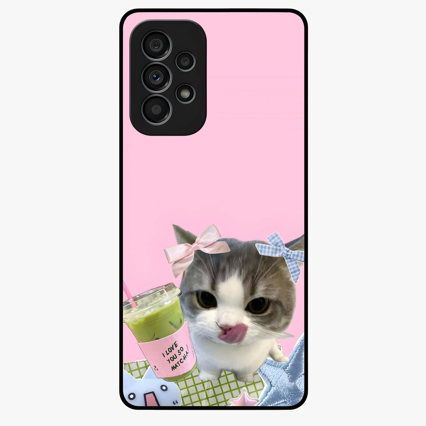 Love Matcha Cat Glass Case showing flat back view with cute cat and matcha themed artwork and glossy glass finish.