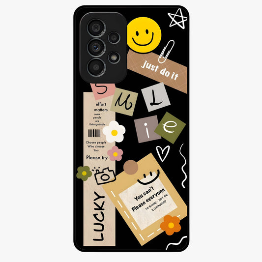 Lucky Aesthetic Collage Glass Case showing flat back view with trendy aesthetic collage artwork and glossy glass finish.