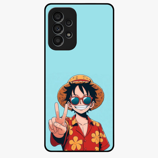 Luffy Summer Anime Vibe Glass Case showing flat back view with vibrant anime character artwork and glossy glass finish.