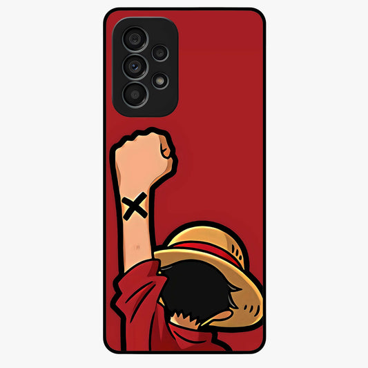 Luffy X Spirit Glass Case showing flat back view with bold anime character artwork and glossy glass finish.