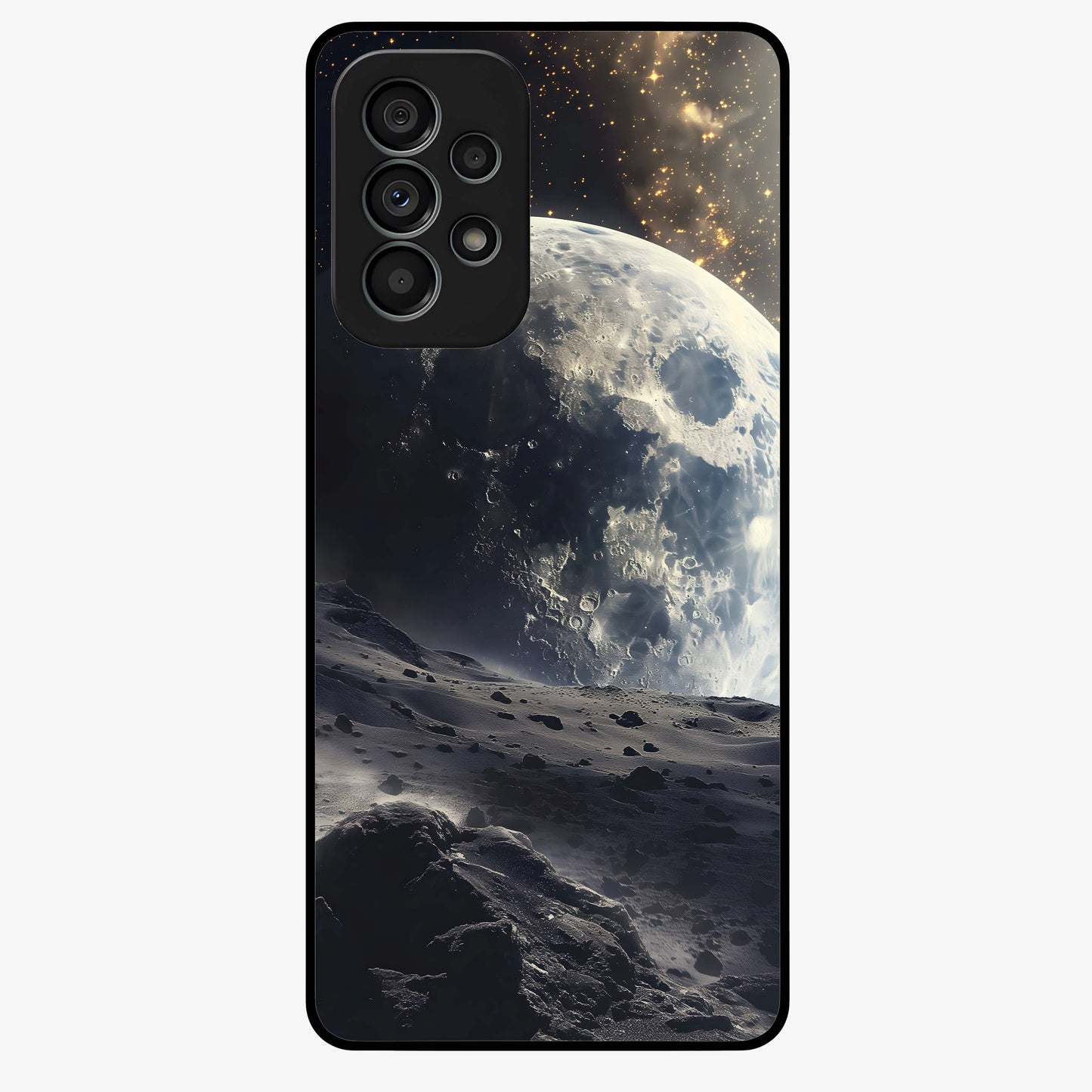 Lunar Horizon Glow Glass Case showing flat back view with glowing moon horizon artwork and glossy glass finish.