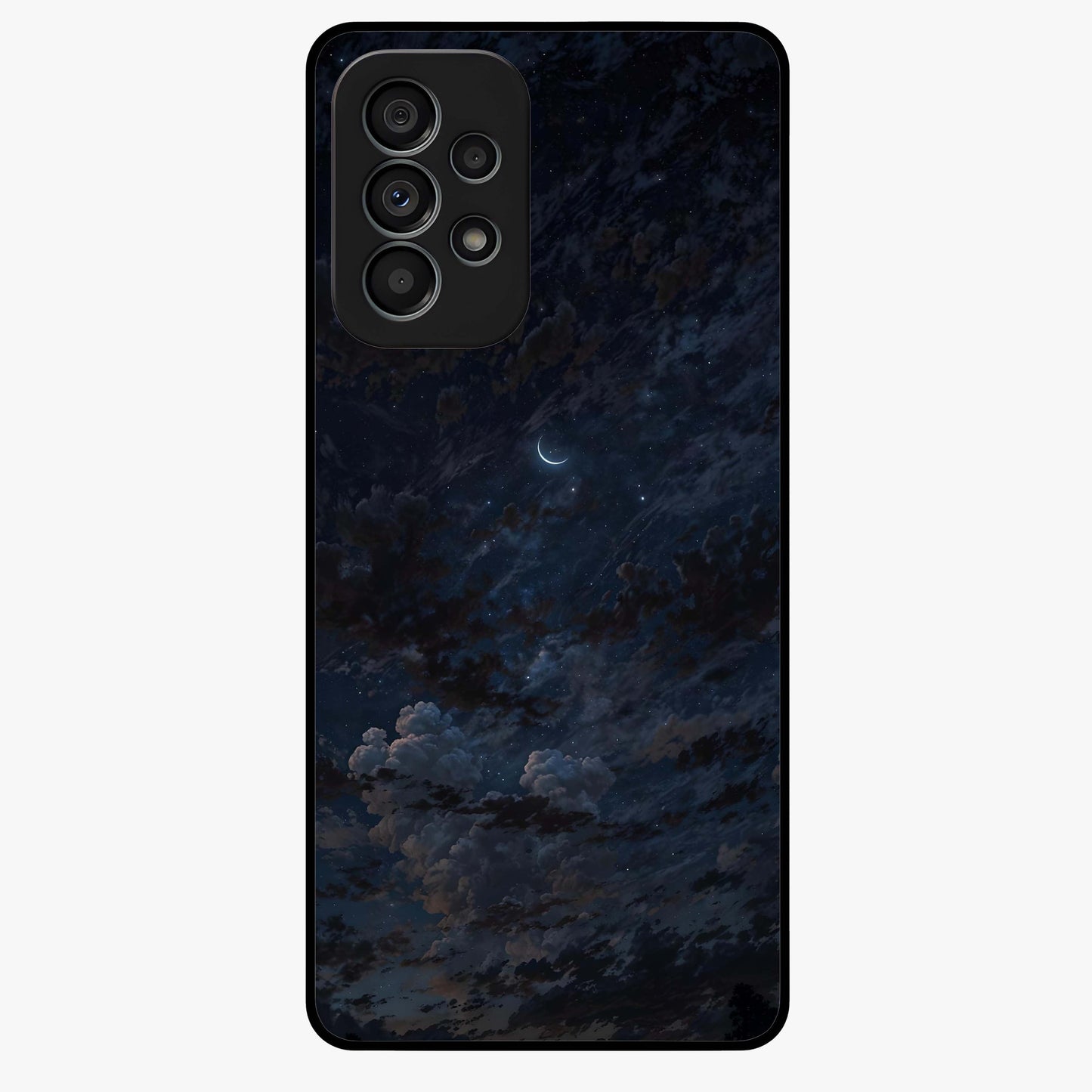 Lunar Veil Silence Glass Case showing flat back view with mystical moon veil artwork and glossy glass finish.