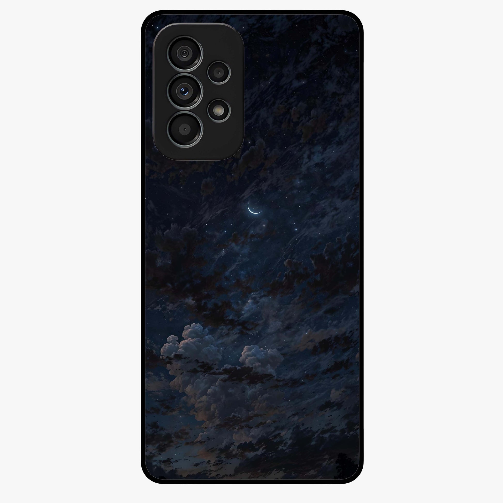 Lunar Veil Silence Glass Case showing flat back view with mystical moon veil artwork and glossy glass finish.