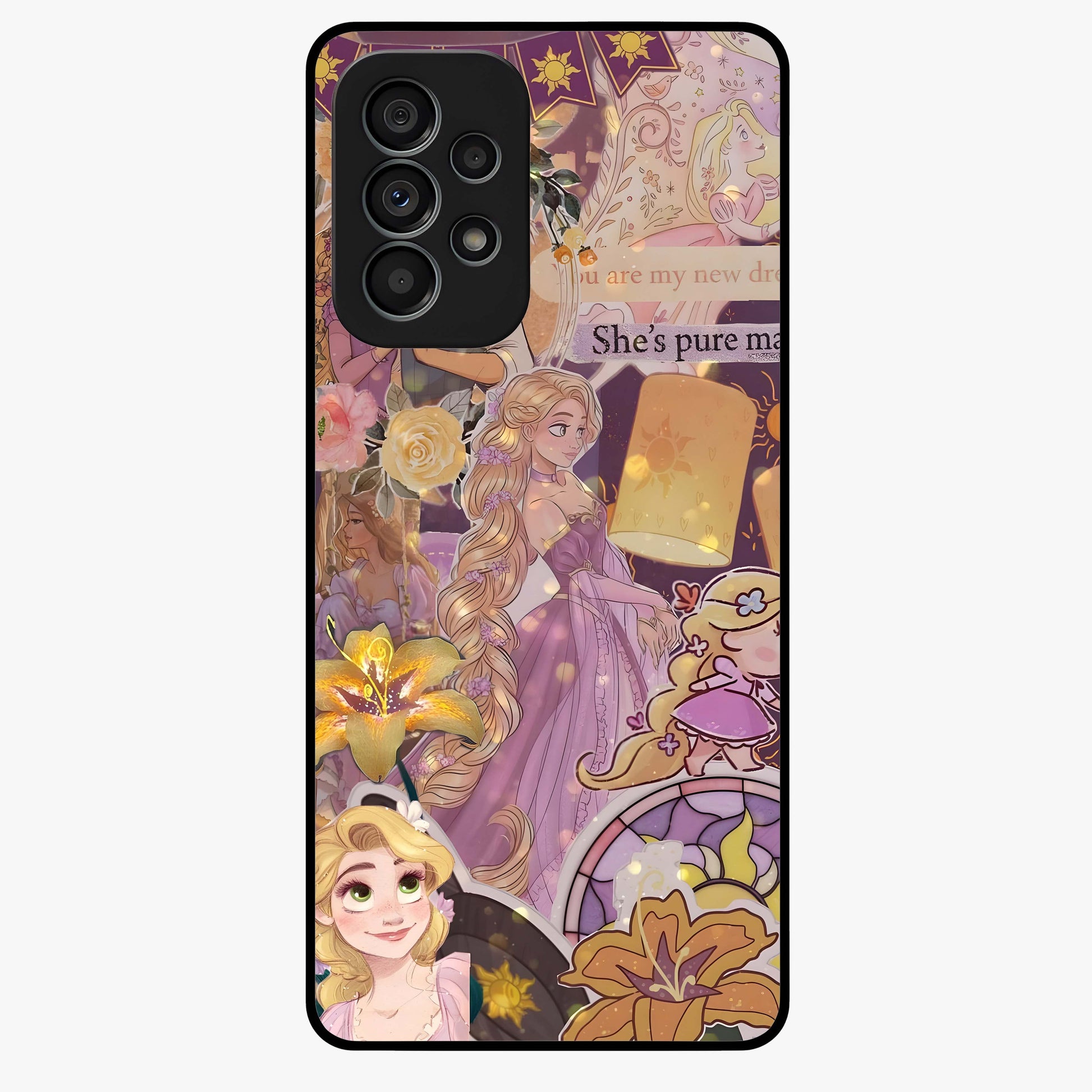 Magical Tangled Dream Glass Case showing flat back view with dreamy tangled artwork and glossy glass finish.