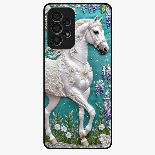 Majestic Floral Stallion Glass Case showing flat back view with powerful horse and floral artwork and glossy glass finish.