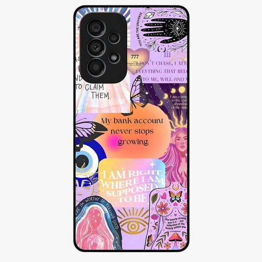 Manifestation Collage Glass Case showing flat back view with motivational collage artwork and glossy glass finish.