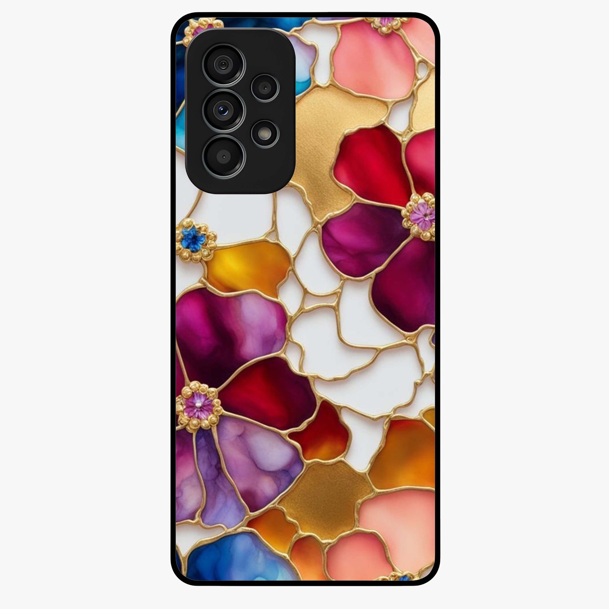 Marble Flower Pattern Glass Case showing flat back view with marble texture floral artwork and glossy glass finish.