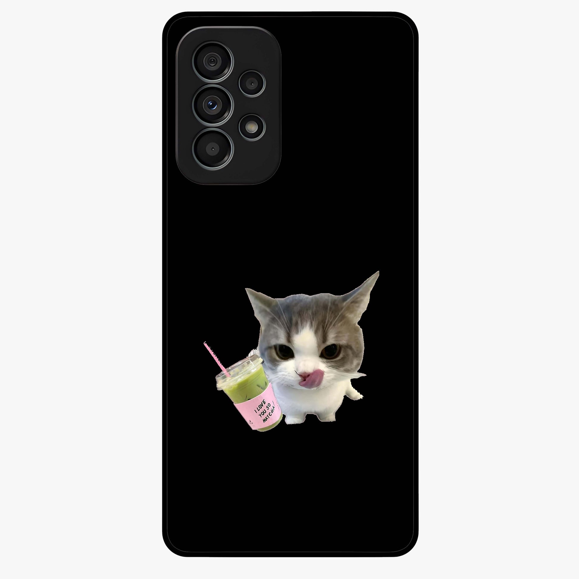 Matcha Cat Style Glass Case showing flat back view with cute matcha themed cat artwork and glossy glass finish.