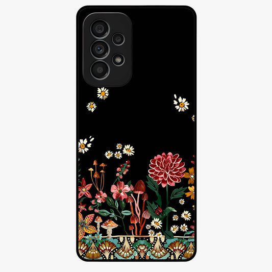 Midnight Bloom Pattern Glass Case showing flat back view with dark floral pattern artwork and glossy glass finish.
