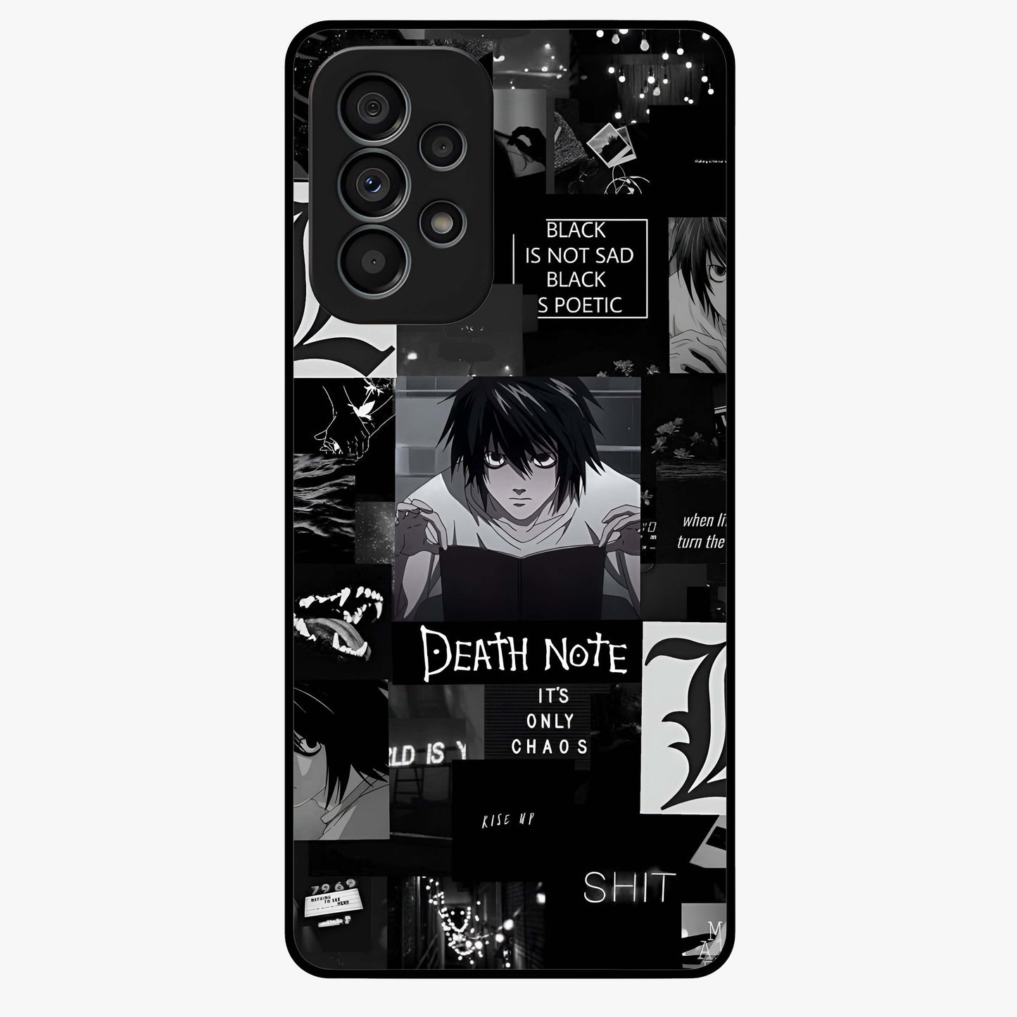Midnight Chaos Mind Glass Case showing flat back view with abstract dark themed artwork and glossy glass finish.