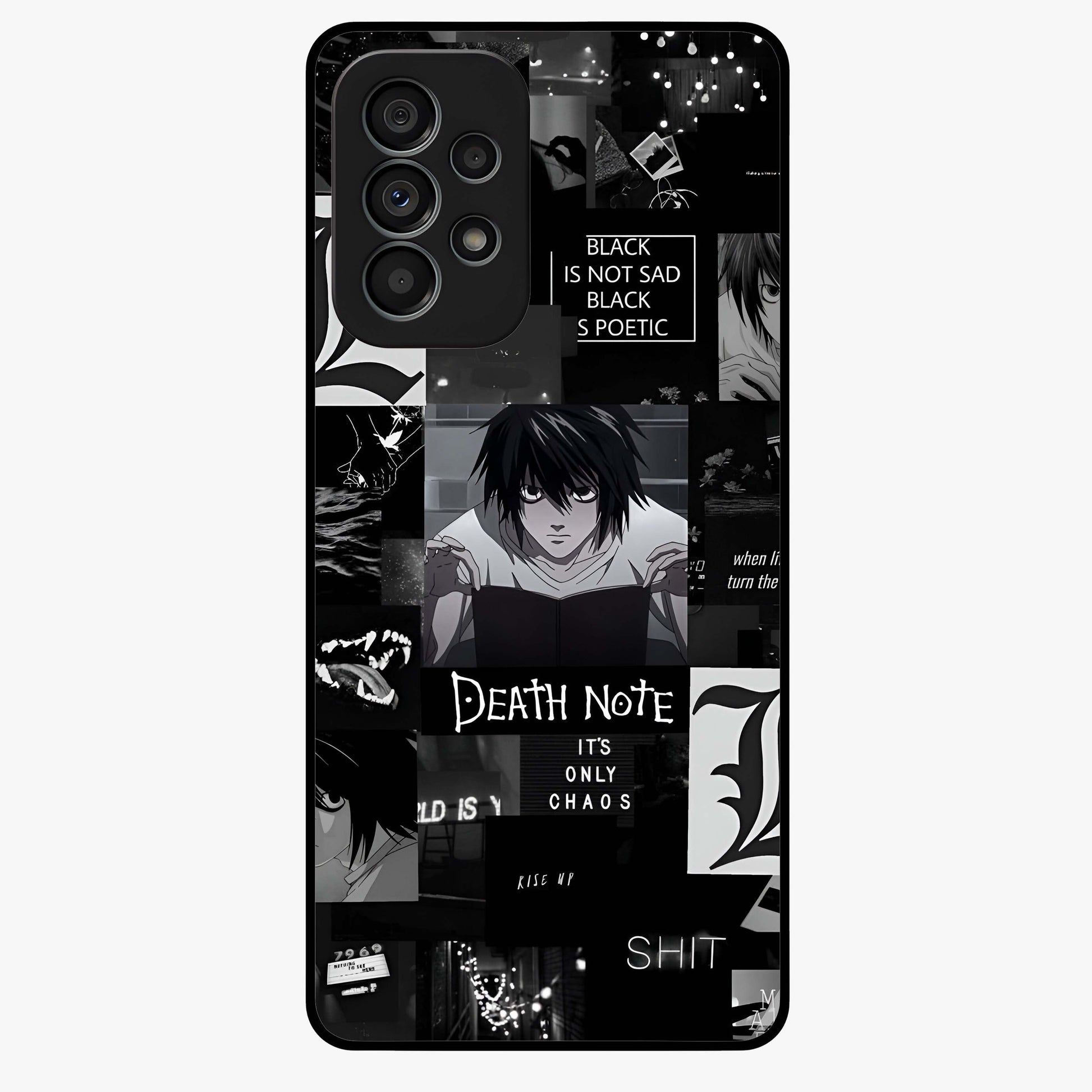 Midnight Chaos Mind Glass Case showing flat back view with abstract dark themed artwork and glossy glass finish.
