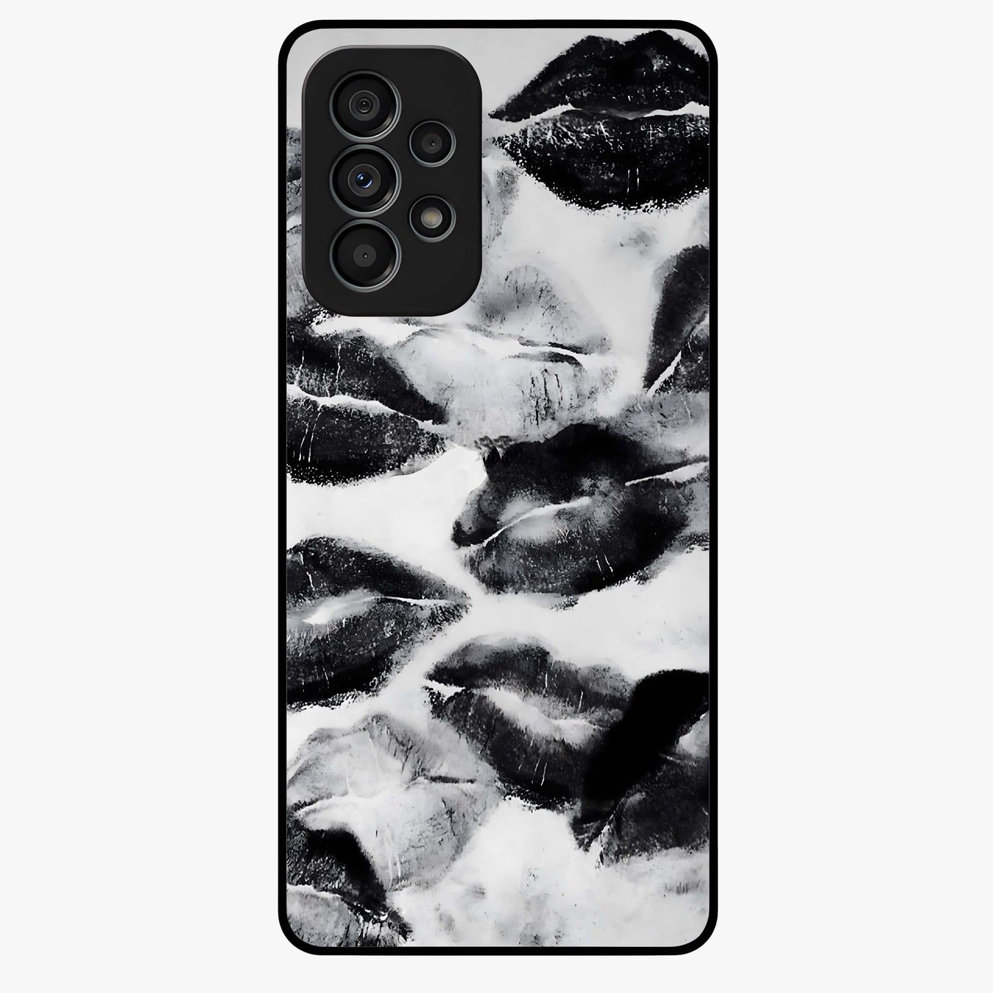Midnight Kiss Marks Glass Case showing flat back view with lipstick kiss mark artwork and glossy glass finish.