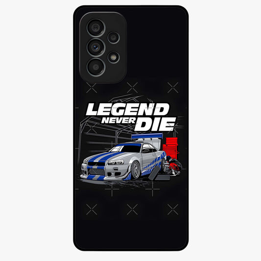 Midnight Racing Legacy Glass Case showing flat back view with sleek racing inspired artwork and glossy glass finish.