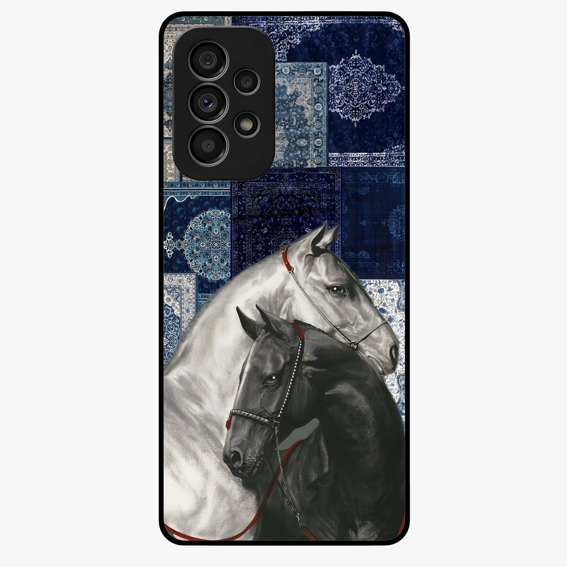 Midnight Stallion Blues Glass Case showing flat back view with majestic horse artwork and glossy glass finish.