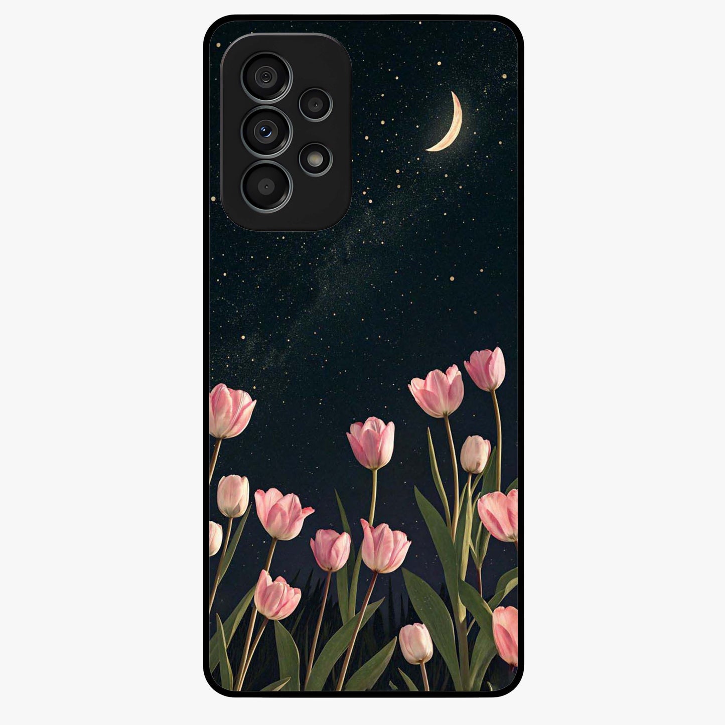 Midnight Tulip Whispers Vibe Glass Case showing flat back view with elegant tulip flower artwork and glossy glass finish.