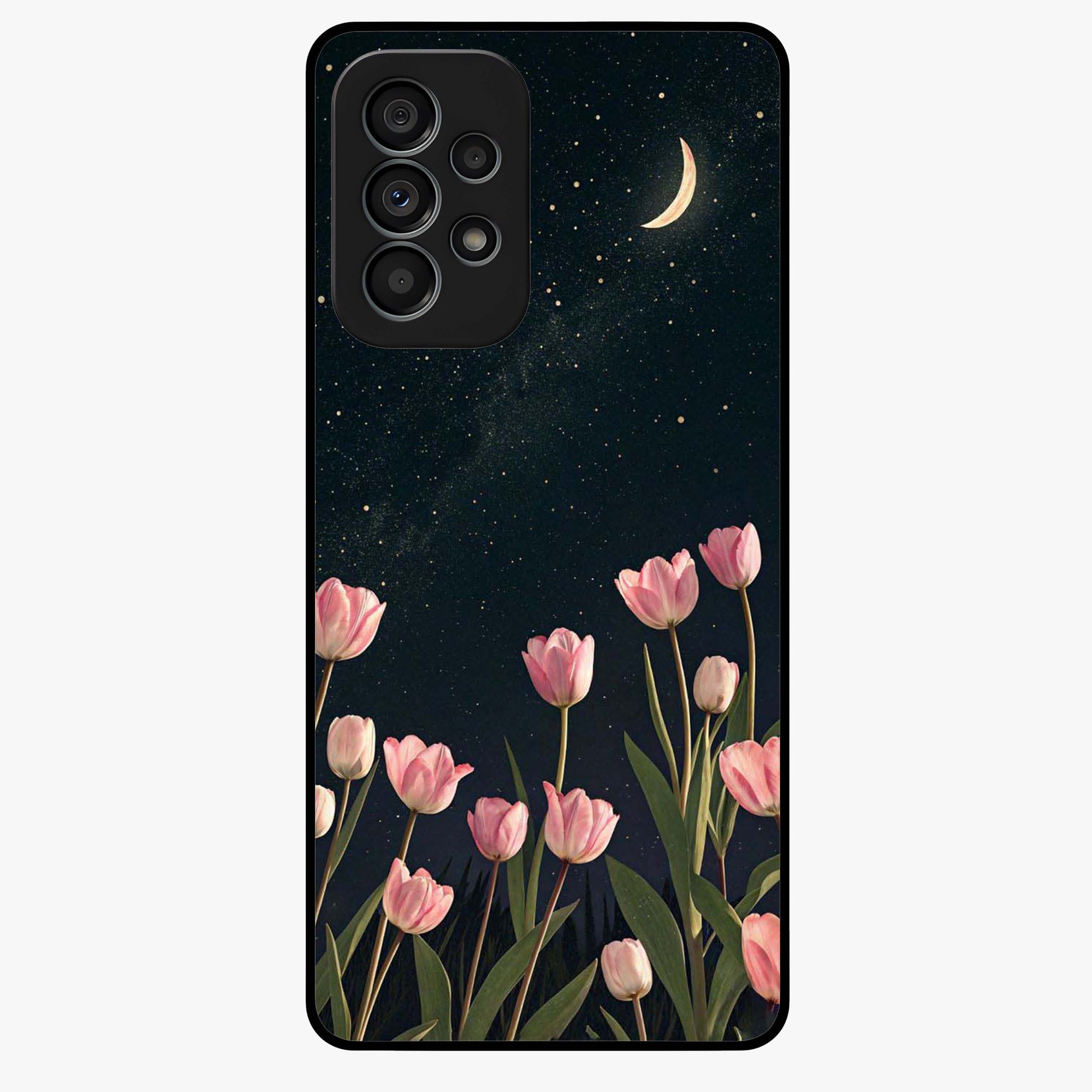 Midnight Tulip Whispers Vibe Glass Case showing flat back view with elegant tulip flower artwork and glossy glass finish.